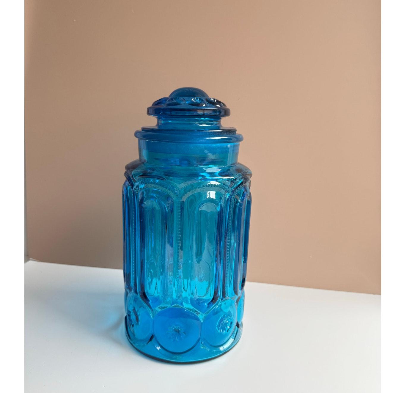 Vintage LE Smith MCM Glass Apothecary Jar with Lid | Moon & Stars Blue | Retro 70s