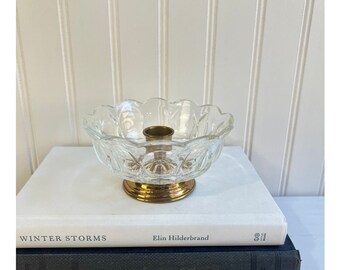 Vintage Glass and Brass Taper Candle Holders Glass Dish with Centered Brass Holder