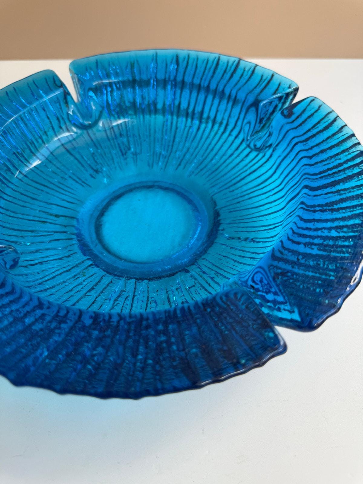 Vintage Blenko Blue Glass Ashtray | Sunburst Pattern | Mid Century