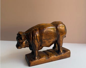 Vintage Hand Carved Wooden Cow Figurine | Farmhouse Rustic Country Cottage Shelf Decor