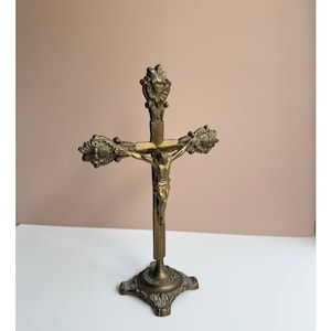 Vintage Brass Altar Cross Catholic Divinity Crucifix | Table Top Blessed Jesus Christ | Gothic Religious Decor