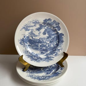 Vintage Wedgwood Dinner Plates | Set of 4 Blue Transferware | &quot;Countryside&quot; Pattern | English French Country Farmhouse