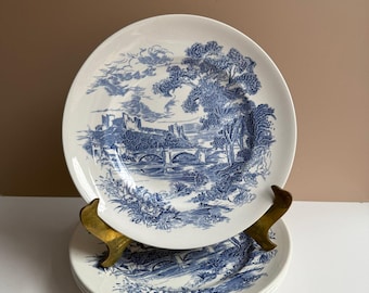 Vintage dinerborden van wedgwood | Set van 4 blauwe transferwares | Patroon "platteland" | Engels-Franse boerderij op het platteland