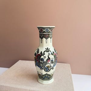 Vintage Villeroy & Boch Paon Vase, Hand-Painted Floral and Bird Theme | Peacock Bird | 7.5&quot; Tall