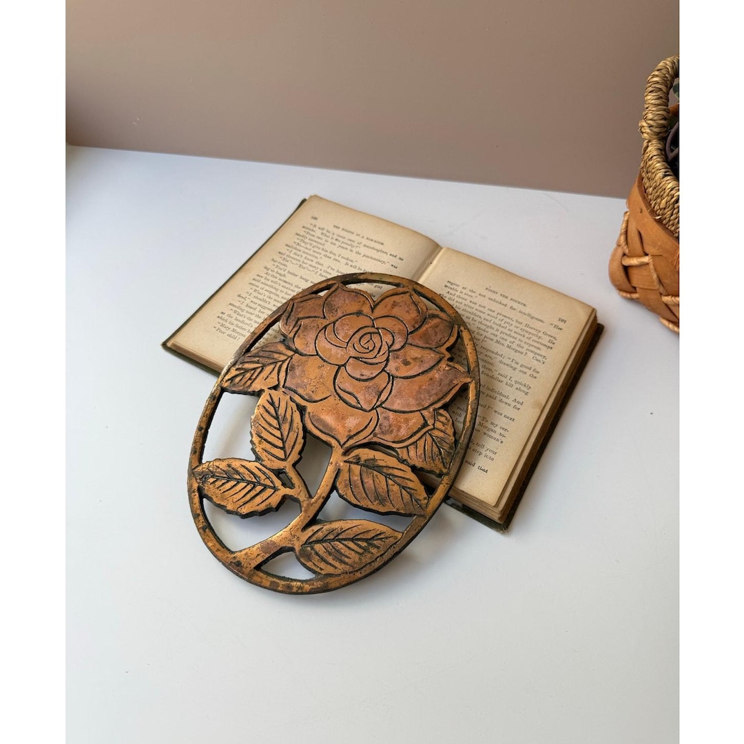 Vintage Copper Finish Rose Floral Trivet | Wall Hanging Decor Patina
