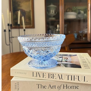 Vintage Anchor Hocking Blue Diamond Cut Glass Pedestal Candy Dish | Mid Century Decorative Bowl