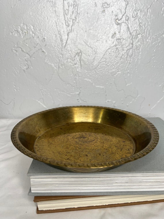 Buy Vintage Brass Ornate Etched Dish Bowl Pie Dish Serving Tray