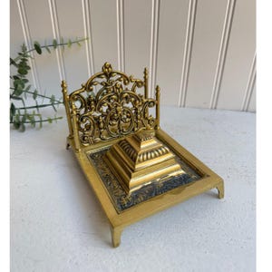 Vintage Peerage Brass Ink Well Holder & Letter Holder | Made in England | Ornate Office Decor | Victorian Inpsired Desk Decor