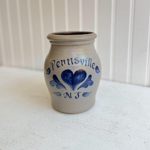 Rowe Pottery Works Crock | Salt Glaze Stoneware 2002 | Pennsville NJ Blue Heart Design | Small Decorative Crock