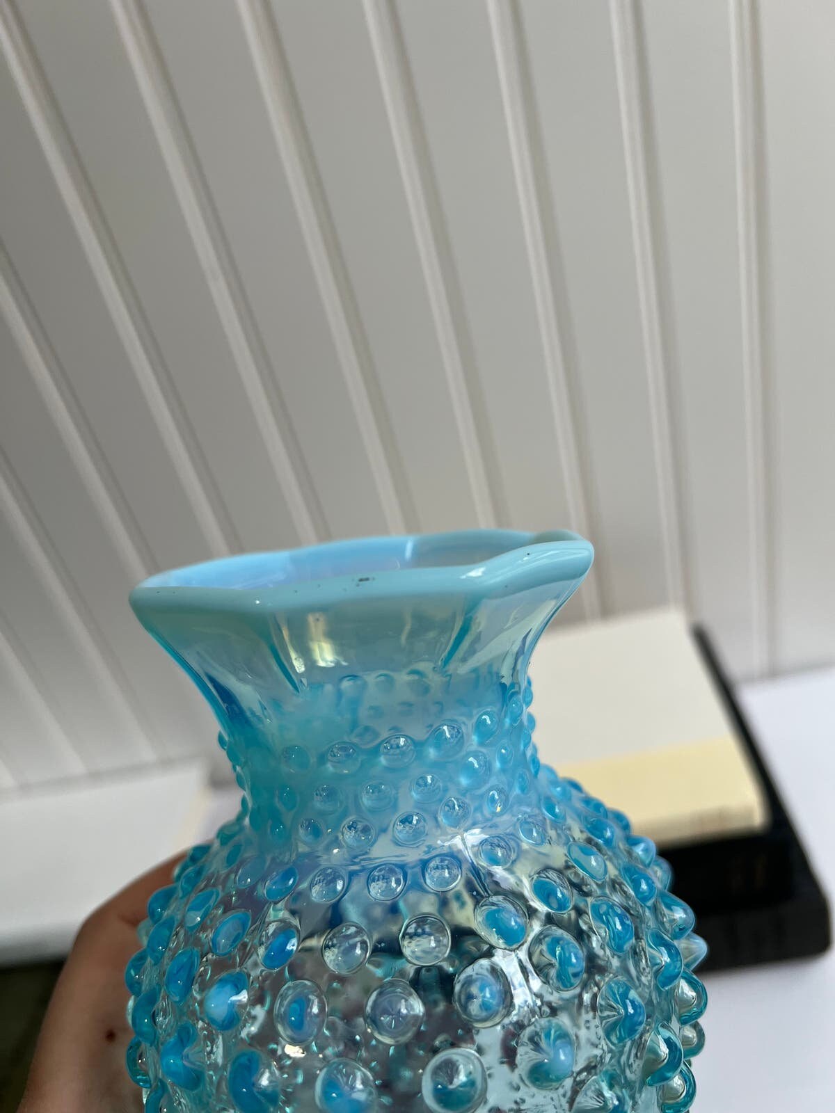 fenton opalescent ビンテージ　ガラス製 花瓶 フェントン ホブネイル ブルー オパールセント ミッド