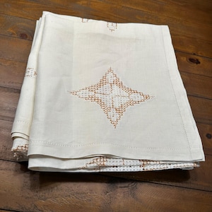 Vintage Hand-Stitched Irish Linen Tablecloth Cream Gold 63&quot;x113&quot; Embroidered | French Country Cottage