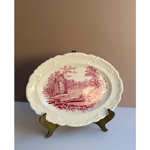 Vintage Ironstone Platter | England Abbay Transferware | Pink Vista Pattern | Oval Serving Tray | Farmhouse Cottage