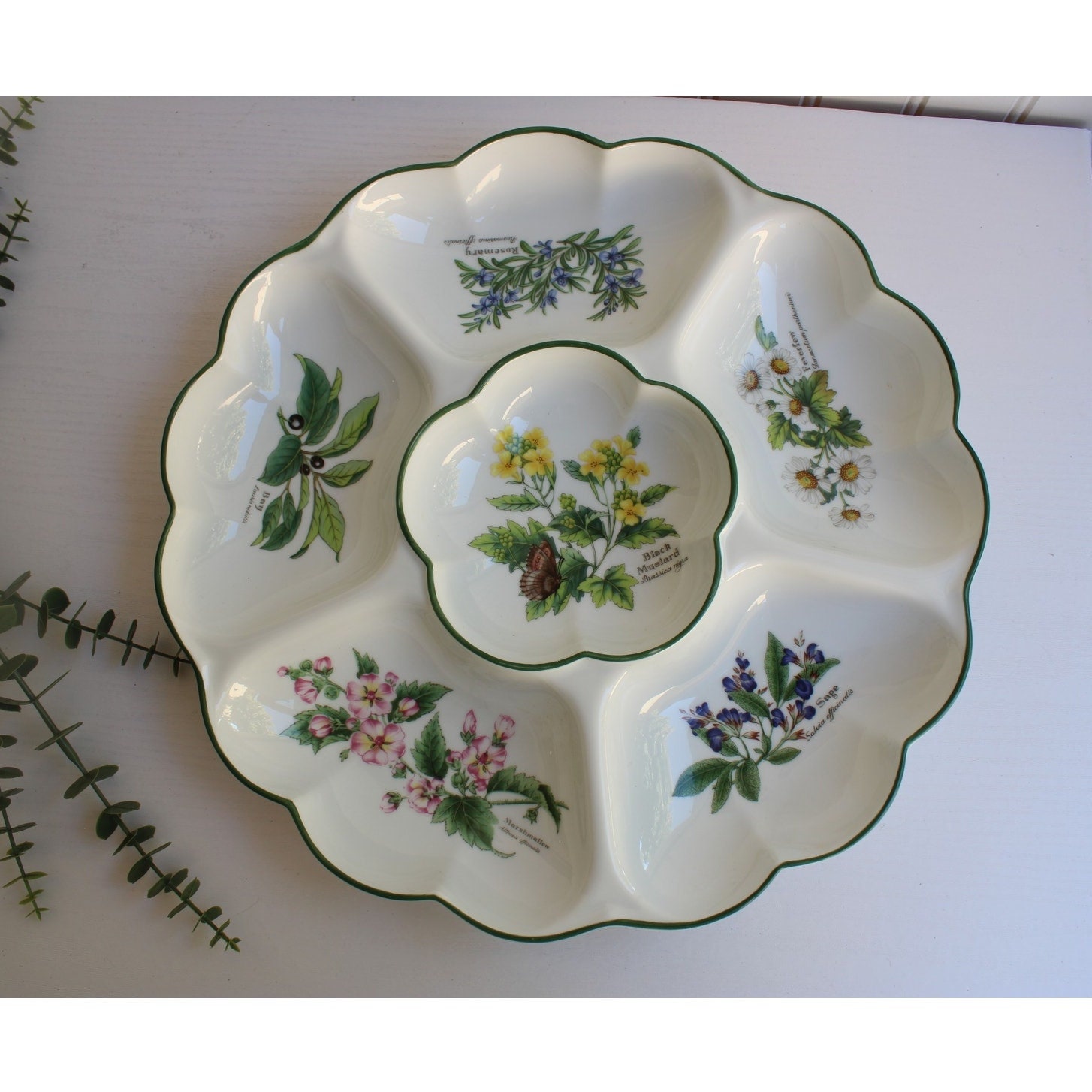 Vintage Royal Worcester Herbs Chip & Dip Tray | Porcelain Crudite