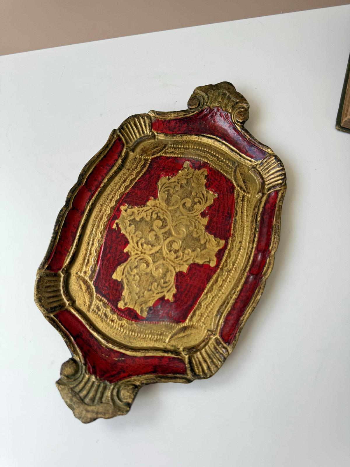 Vintage Italian Florentine Hand Painted Wooden Tray | Red & Gold | 12 ...