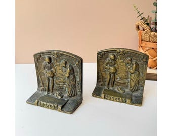 Vintage gegoten metalen boekensteunen "The Angelus" van Francois Millet | Gebedsscène oogst | Bibliotheekkantoorinrichting