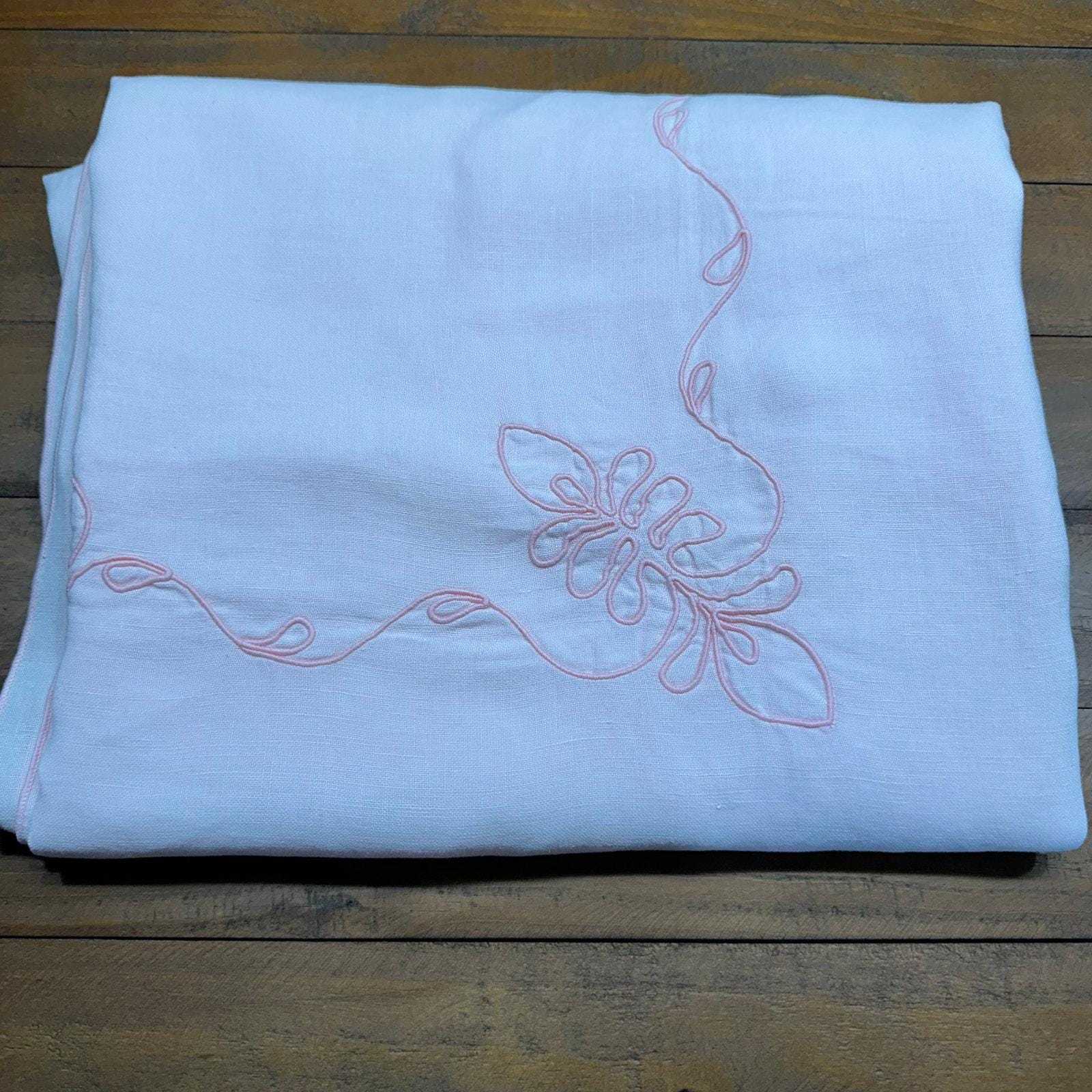 Vintage Beautiful Petal Pink Rose Soft Irish Linen Hemstitch Tablecloth 59x88