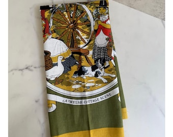 Vintage Welsh Cottage Scene Cotton Tea Towel | Made in Britain | Rustic Farmhouse Decor
