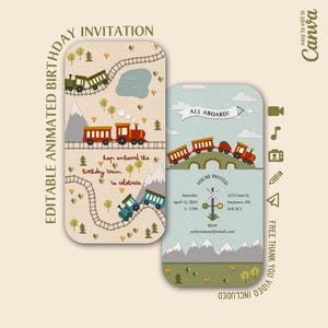 May include: Editable animated birthday invitation with a train theme. The invitation features a blue and green train on a track with mountains and trees in the background. The text "All Aboard!" is written in a banner above the train. The invitation also includes the date, time, and location of the party.