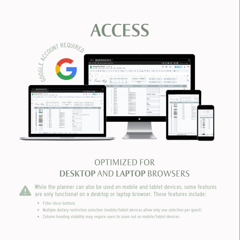 May include: A Google account is required to access this online planner. The planner is optimized for desktop and laptop browsers, but can also be used on mobile and tablet devices. Some features are only functional on a desktop or laptop browser, including filter slicer buttons, multiple dietary restriction selection, and column heading visibility.