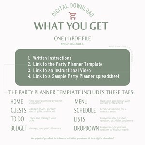 May include: A digital download for a party planner template. The template includes tabs for home, guests, to do, budget, menu, schedule, lists, and dropdown. The template is available as a PDF file.