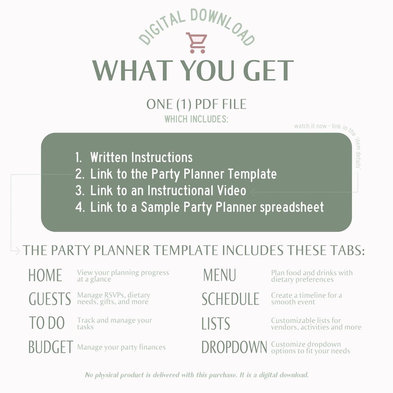 May include: A digital download for a party planner template. The template includes tabs for home, guests, to do, budget, menu, schedule, lists, and dropdown. The template is available as a PDF file.