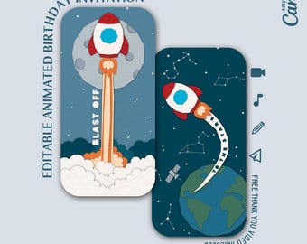 Może przedstawiać: Dwa zaproszenia urodzinowe o tematyce kosmicznej. Jedno przedstawia rakietę startującą ze słowami "BLAST OFF". Drugie przedstawia rakietę lecącą w kierunku gwiazd. Tekst zawiera "EDITABLE ANIMATED BIRTHDAY INVITATION" i "FREE THANK YOU VIDEO INCLUDED."