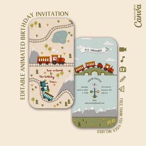 May include: Two vertical birthday invitation templates featuring a train theme. The left card shows a red train on tracks through a landscape with mountains and trees, with the text hop onboard the birthday train. The right card features a train crossing a bridge with the text ALL ABOARD and event details.