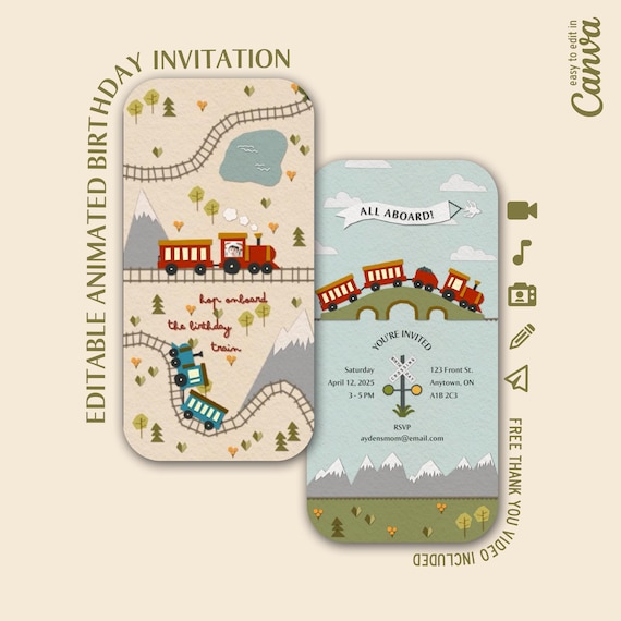 Animated Train Birthday Invitation Video | Editable Canva Digital Kid's Birthday Evite