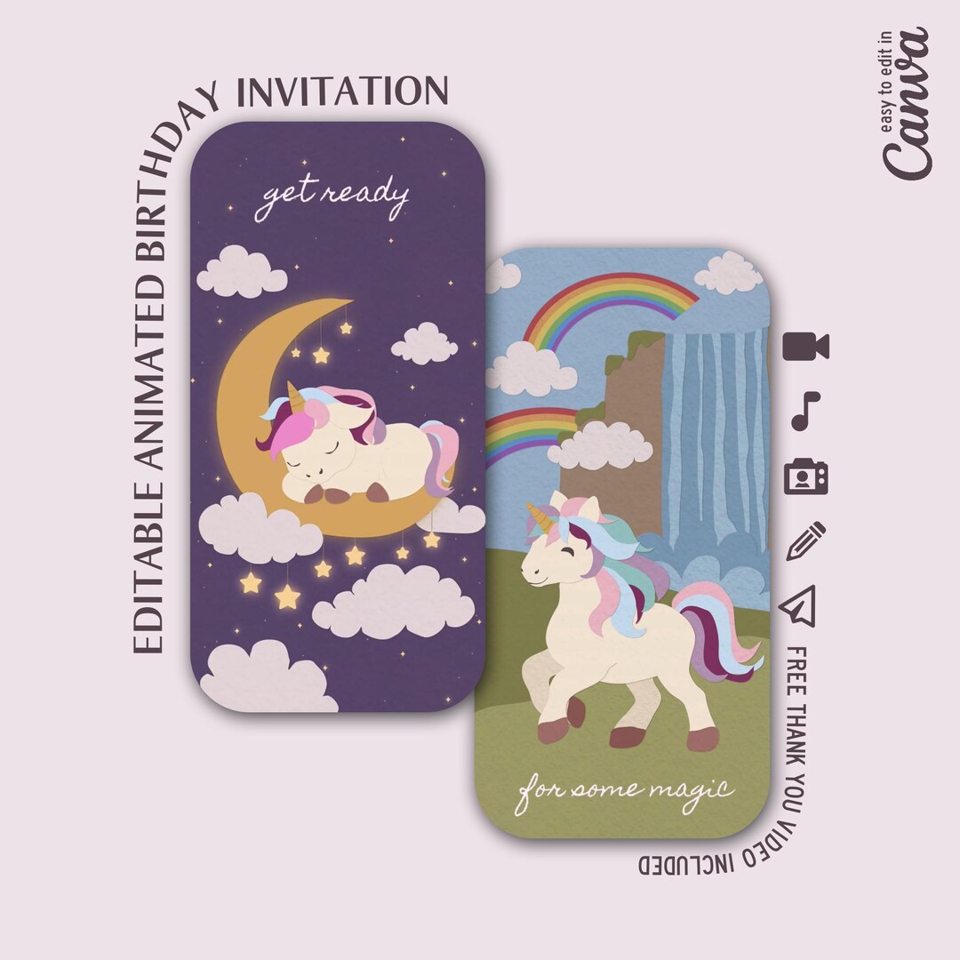 Animated Unicorn Birthday Invitation Video | Editable Canva Template - Etsy