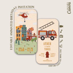 May include: Editable animated birthday invitation for a boy turning three. The invitation features a red fire engine with a ladder, a fireman, and a helicopter flying over a burning building. The text on the invitation says "Sound the alarm and grab your gear" and "Ayden is turning three".