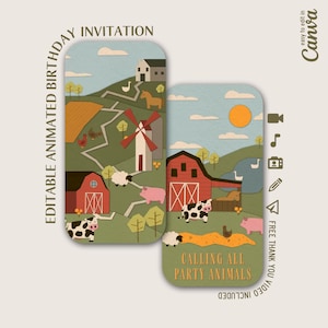 Animated Farm Birthday Invitation Video | Customizable Canva Party Template | Editable Digital Kid&#39;s Birthday Evite | Farm Barn Animals