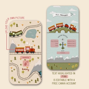 Op de afbeelding: Een printbare uitnodiging voor een verjaardagsfeest met een treinthema. De uitnodiging toont een cartoon-trein op een brug, bergen en bomen. De tekst "All Aboard!" staat bovenaan de uitnodiging. De tekst "You're Invited" staat in een roze vak. De tekst "Day of Week, Date, Time, RSVP, Contact, Address Line 1, Address Line 2, Address Line 3" staat in roze vakken. De tekst "Upload Your Own Picture" staat aan de linkerkant van de uitnodiging. De tekst "name's 1st birthday" staat aan de rechterkant van de uitnodiging.