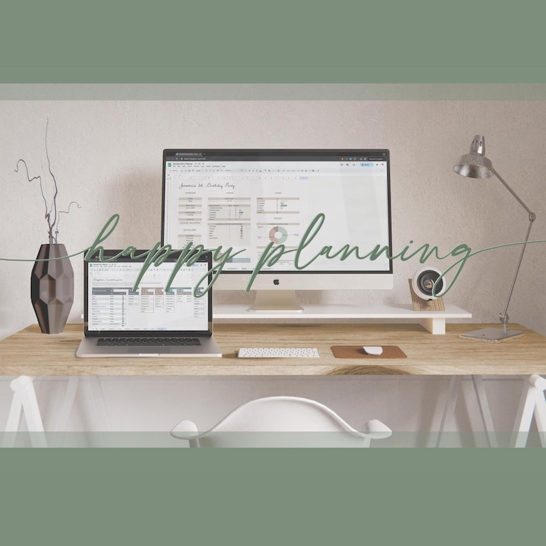 May include: A home office workspace with a laptop computer, a desktop computer, a desk lamp, and a wooden desk. The desktop computer screen shows a spreadsheet with the text "January 2023 Birthday Party". The laptop computer is open and shows a spreadsheet. The text "happy planning" is written in cursive on the desk.