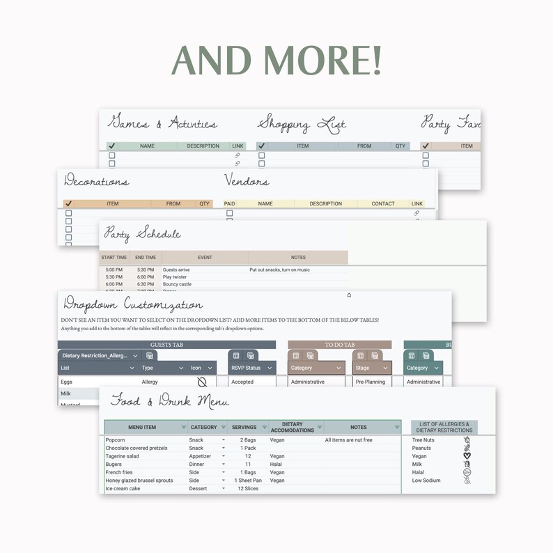 May include: A printable party planning checklist with sections for games and activities, shopping list, party favors, decorations, vendors, party schedule, a dropdown customization section, a guest list, a to-do list, a food and drink menu, and a list of allergies and dietary restrictions. The checklist is designed in a light gray and brown color scheme.