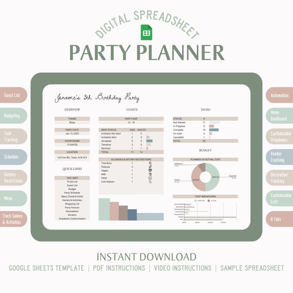 Digital Party Planner Template | Google Sheets (Digital Download)