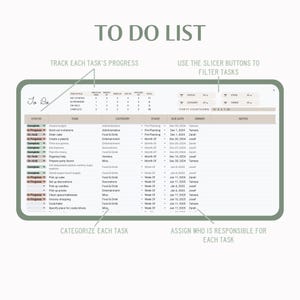 May include: A to-do list template with a calendar, task list, and categories for planning a party. The template includes a party countdown, status, task, category, stage, due date, owner, and notes columns.