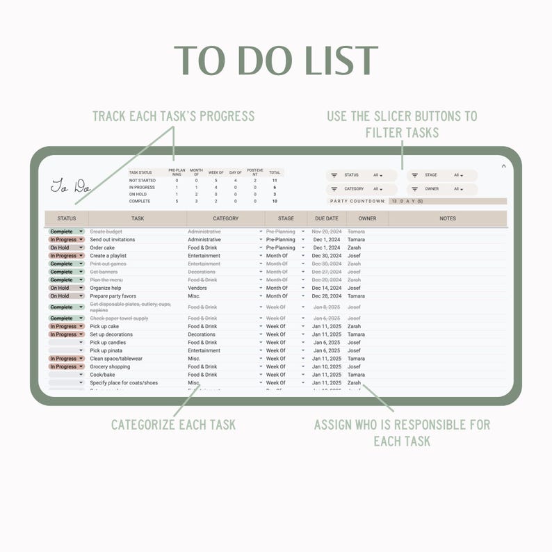 May include: A to-do list template with a calendar, task list, and categories for planning a party. The template includes a party countdown, status, task, category, stage, due date, owner, and notes columns.