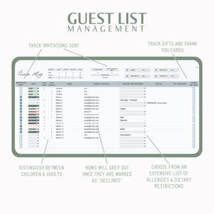 May include: A printable guest list management template with a green and white color scheme. The template includes sections for tracking invitations sent, RSVPs, contact details, dietary restrictions, notes, gifts received, and thank you cards sent. The template also includes a section for distinguishing between children and adults.
