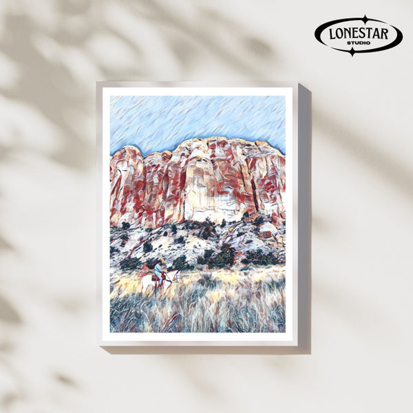 Southwestern Cowboy Poster | Western Decor | Desert Landscape | Oil Panting Decor