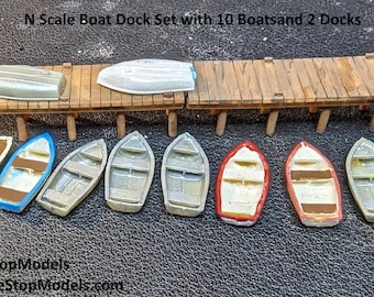 N Scale Boat Dock Set with (10) Boats and (2) Docks