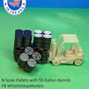 9 N Scale Pallets with 55 gallon barrels on them