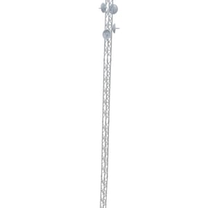 May include: A tall, light gray lattice communication tower featuring a triangular truss structure. The tower is mounted on a wide, irregular base with multiple circular protrusions and is equipped with several circular satellite dishes near the top.