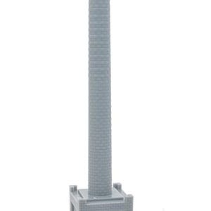 May include: A gray 3D printed miniature model of a tall industrial chimney stack rising from a square brick-textured base. The structure features a small rectangular door on the front face and a cylindrical column with a flared top section.