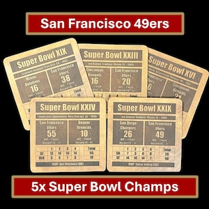 San Francisco 49ers &quot;Pigskin&quot; Super Bowl Wins Leather Coasters (set of 5): Montana, Steve Young, Jerry Rice, 1982, 1985, 1989, 1990, 1995