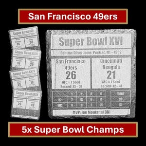 San Francisco 49ers &quot;Set in Stone&quot; Super Bowl Wins Slate Coasters (set of 5): Montana, Steve Young, Jerry Rice, 1982, 1985, 1989, 1990, 1995