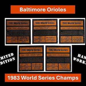 Baltimore Orioles 1983 World Series Reclaimed Wood Custom Coasters (set of 5): Orioles vs Phillies 5 Games - Ripken, Murray, Dempsey, Palmer