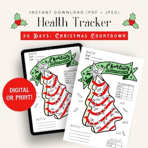 Puede incluir: Un rastreador de salud digital o imprimible con temática navideña. El diseño presenta un árbol de Navidad con rayas rojas y una pancarta verde que dice "Christmas Countdown". El rastreador incluye secciones para medidas y notas.