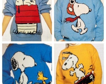 Knitting instructions vintage Snoopy sweater for children and adults PDF download 90s