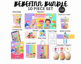 Bebefinn Birthday Party Bundle | Bebefinn Party Pack | Shark Party Favor | Bebefinn Party Decorations | Banner | Sticker | Invite | Topper