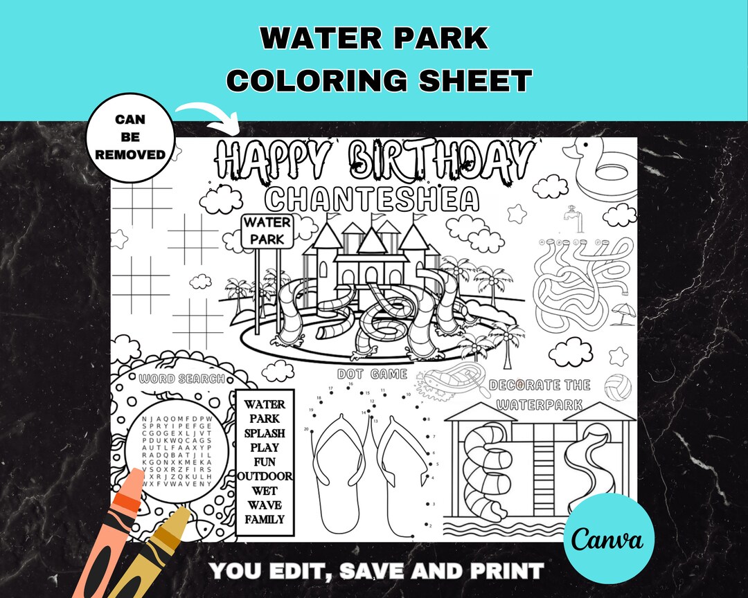Water Park Coloring Birthday Party Activity Sheet | Printable Water ...